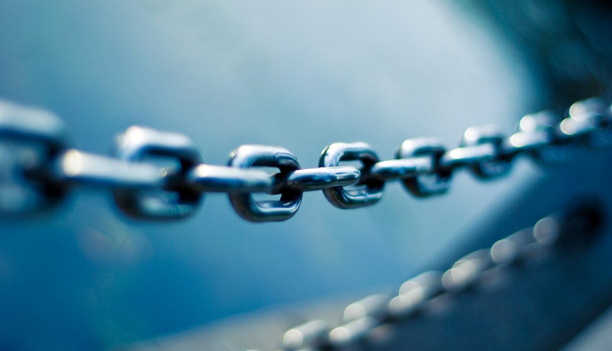 A single stainless steel chain link in shallow focus