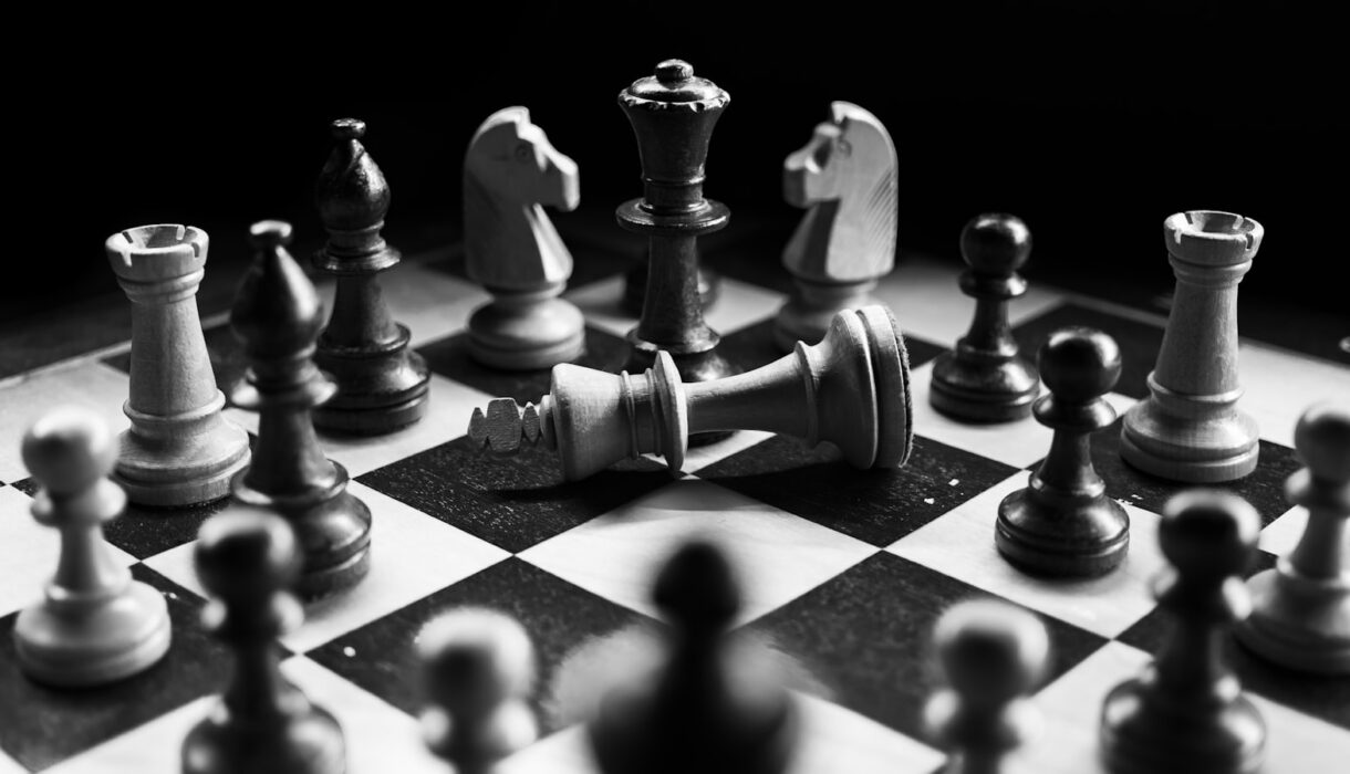A chess board mid-game