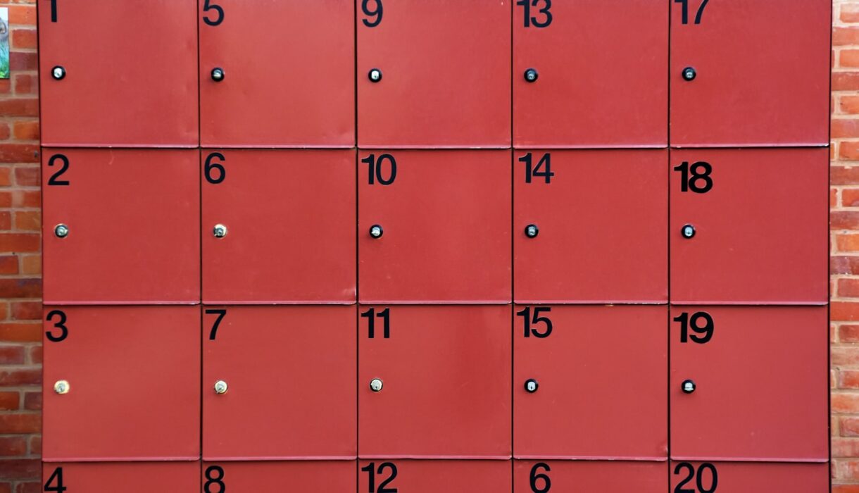 Rows of red lockers numbered one to twenty