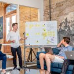 A team working through a problem at a whiteboard